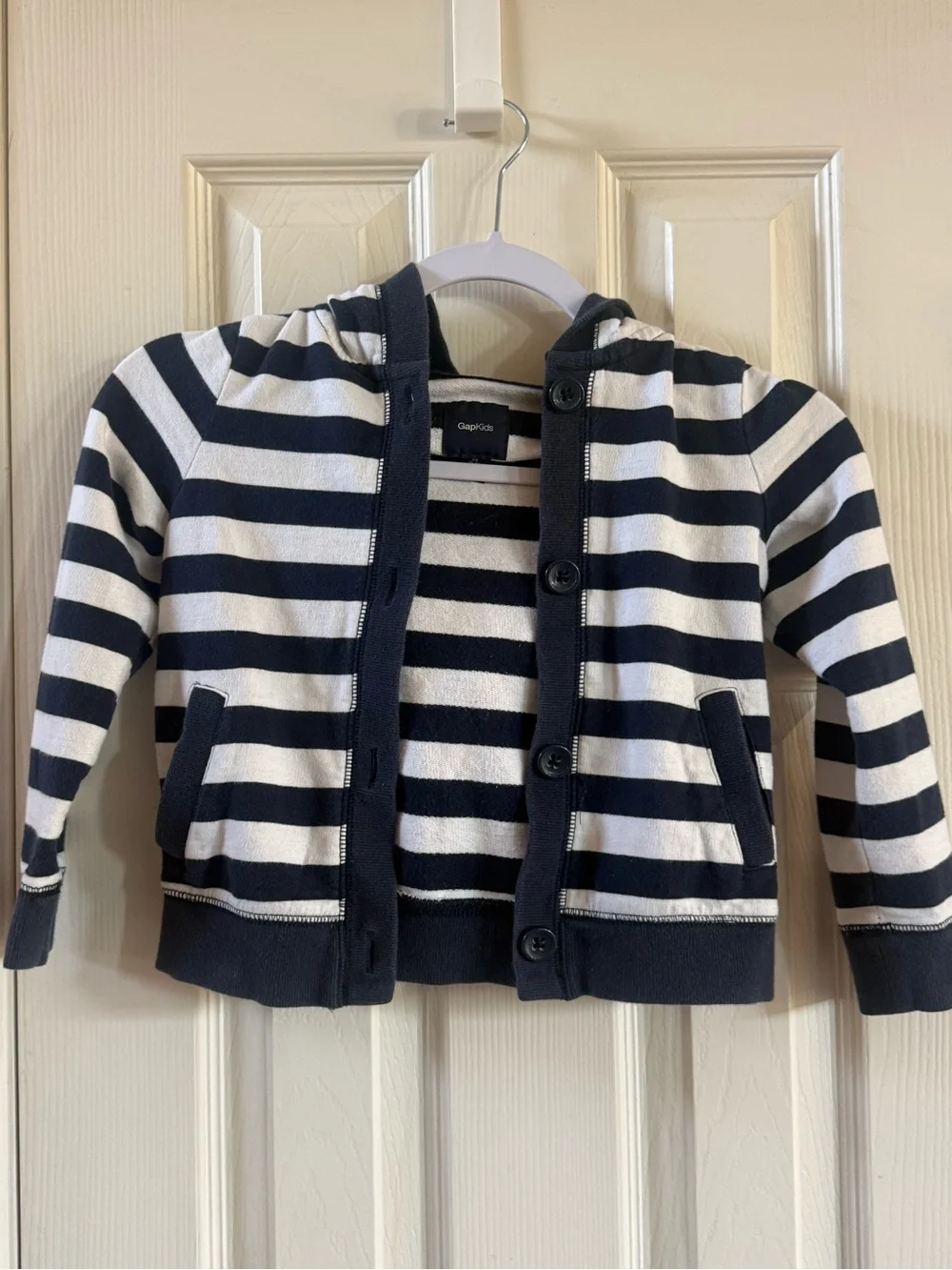 Vintage GAP Navy & White Striped Hooded Button Cardigan Kids 4-5